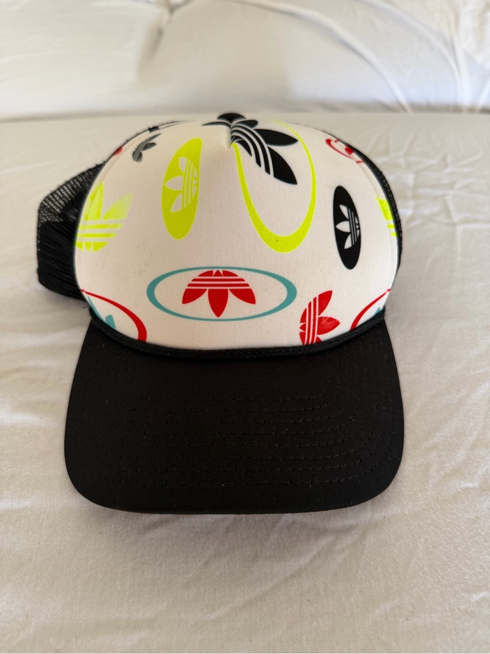 Adidas Men’s White Trucker Hat with Neon, Red & Black Logos